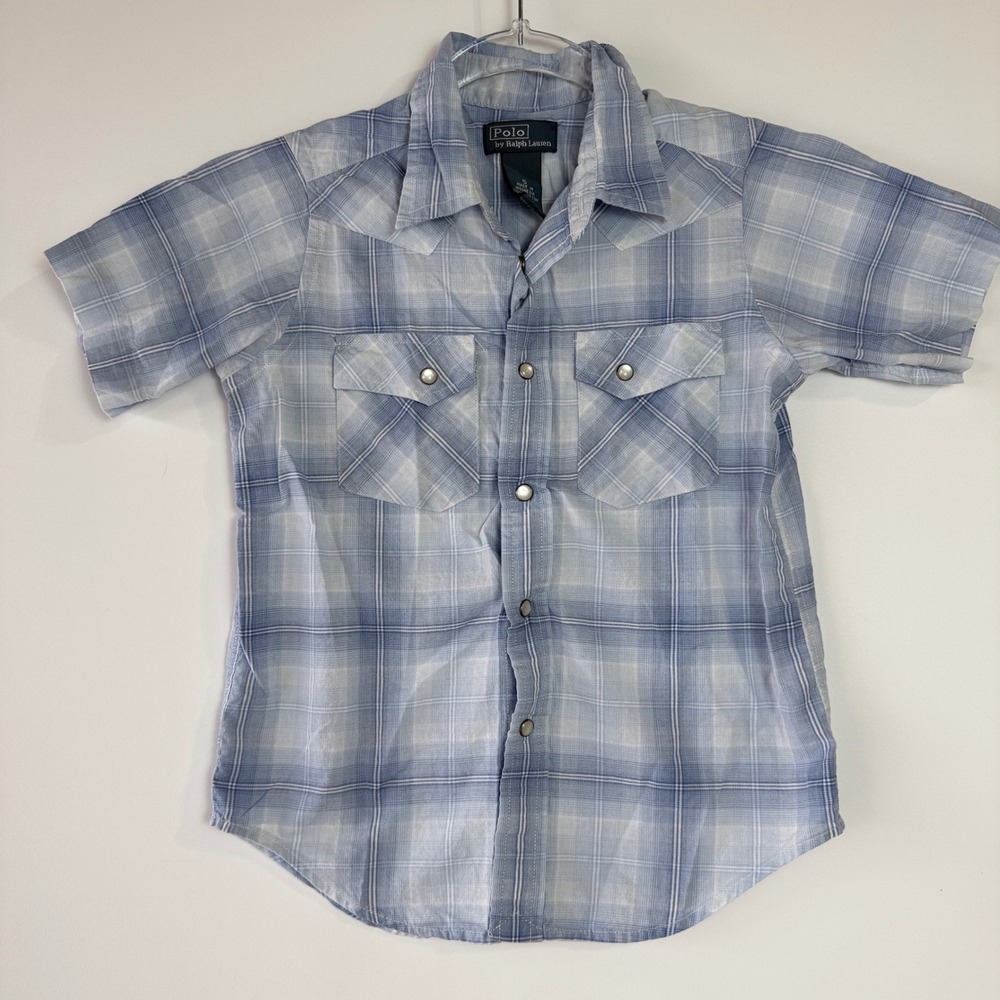 Polo Ralph Lauren Western Shirt Boys 5 Blue Plaid Pearl Snap Short Sleeve 10293